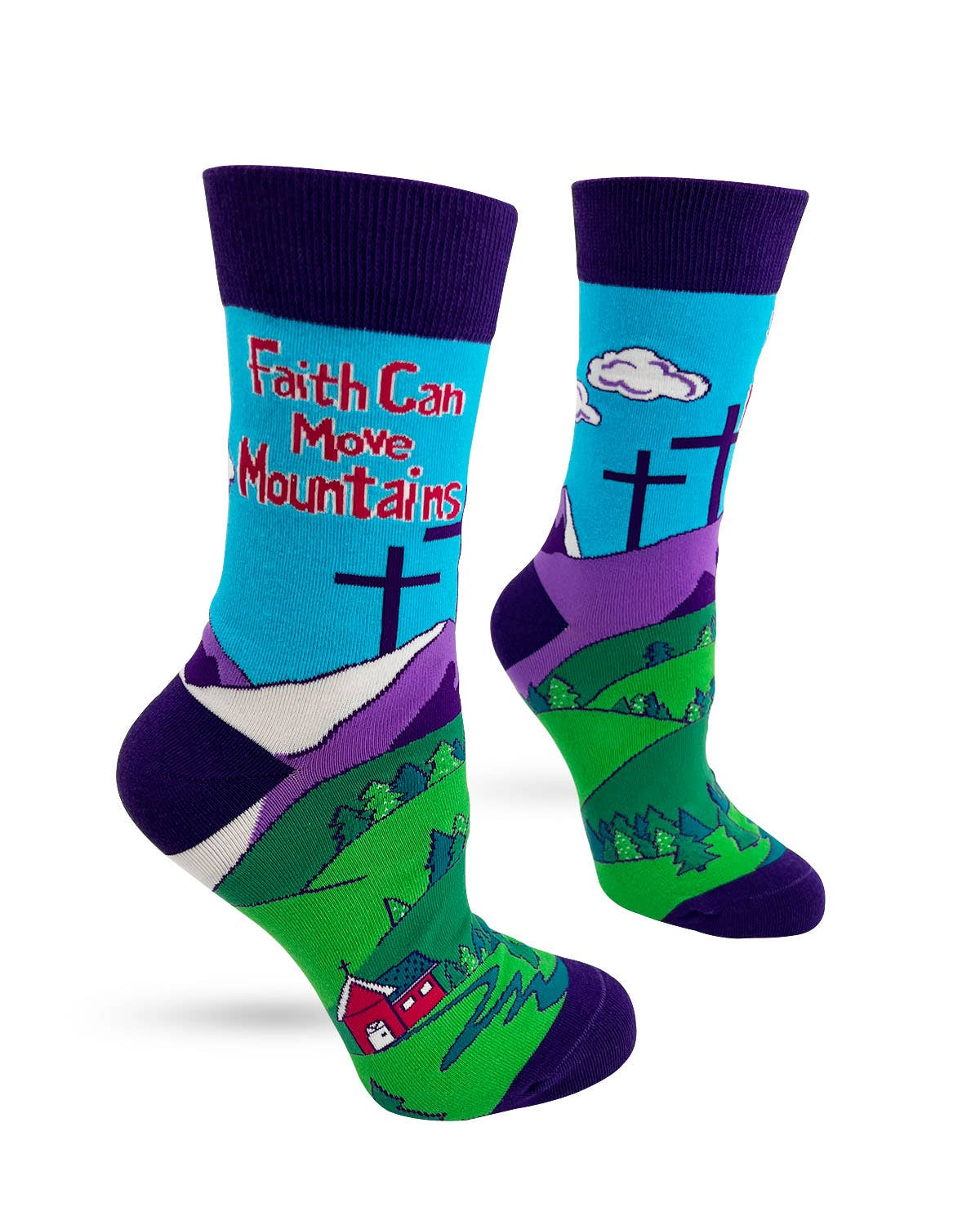Colorful socks with a mountain and cross design, featuring the text 'Faith Can Move Mountains'.