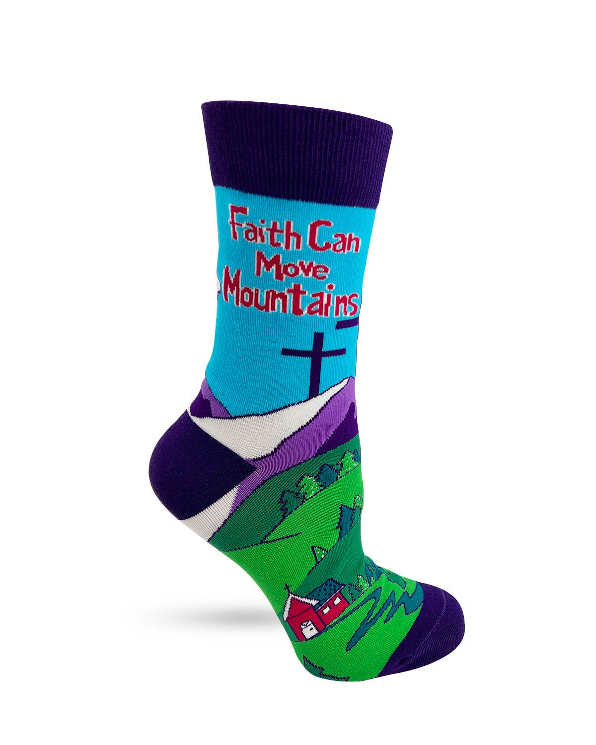 Colorful sock with 'Faith Can Move Mountains' text and mountain design on a white background