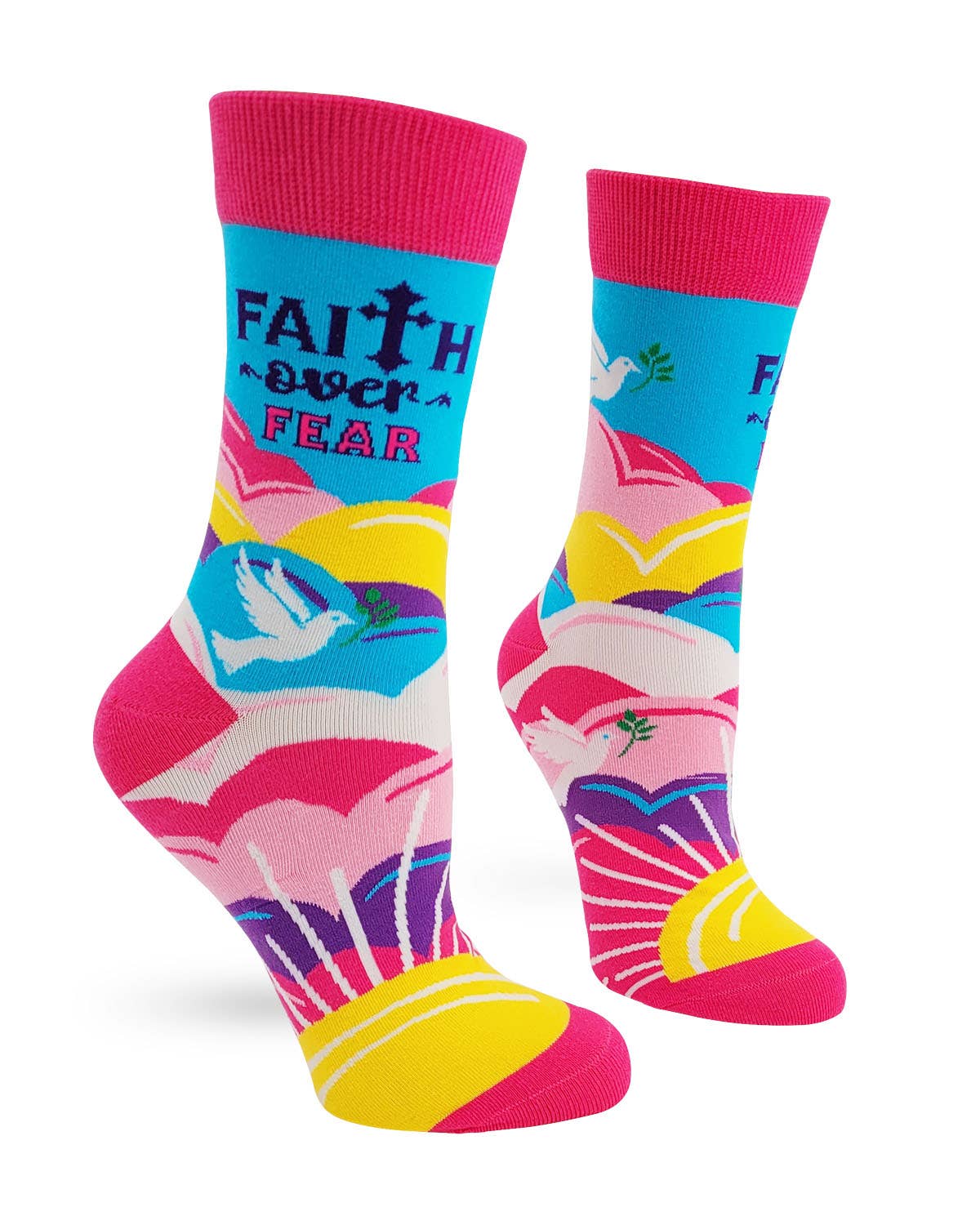 Colorful socks with 'Faith over Fear' text on a white background