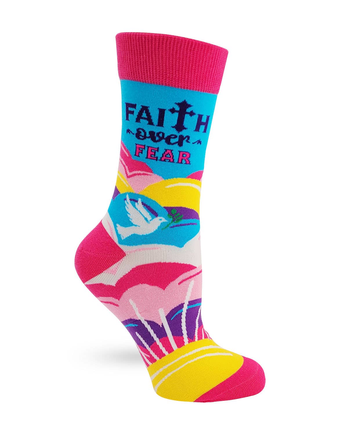 Colorful sock with 'Faith Over Fear' text and dove design on a white background