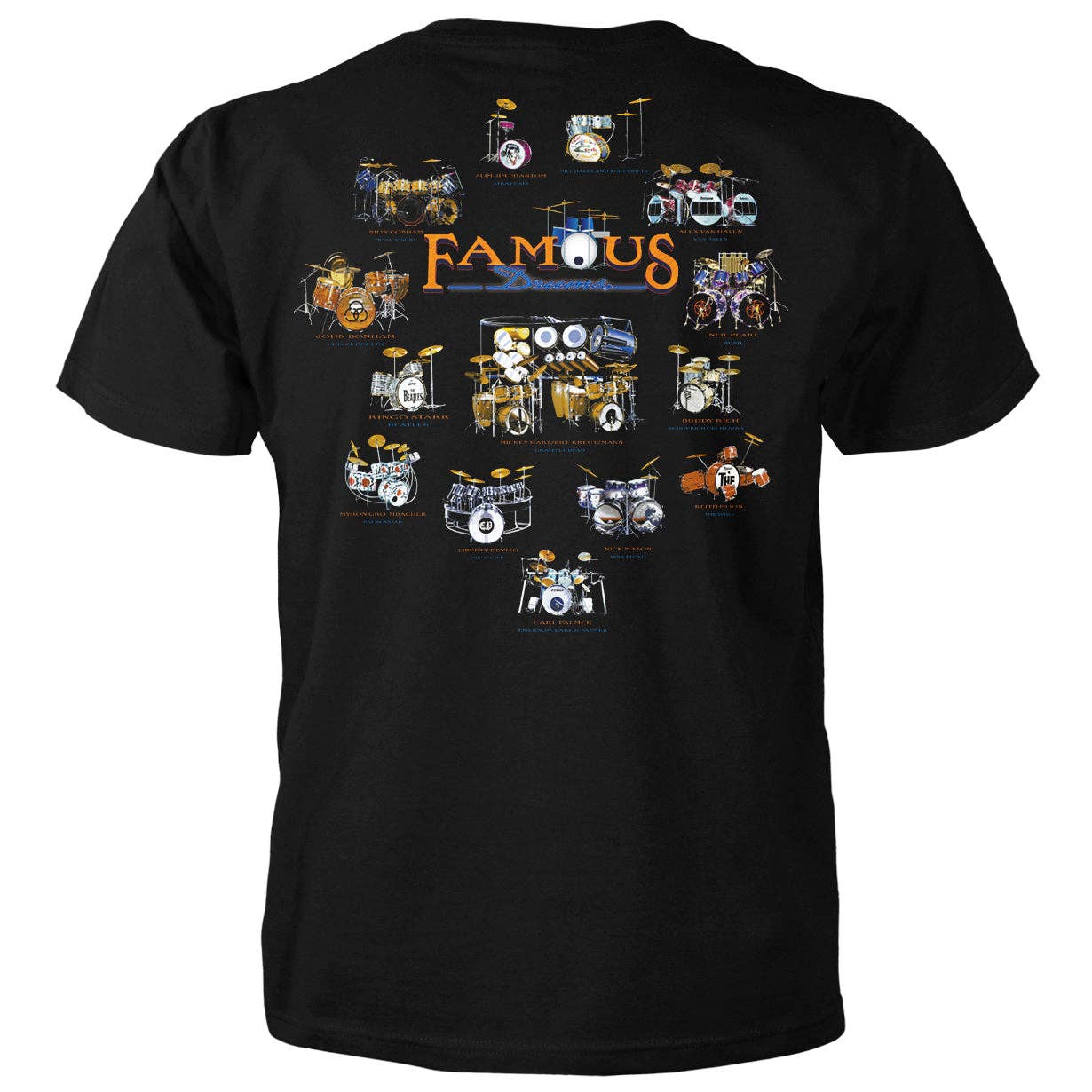 Black t-shirt with drum set illustrations and the word 'Famous' on a white background