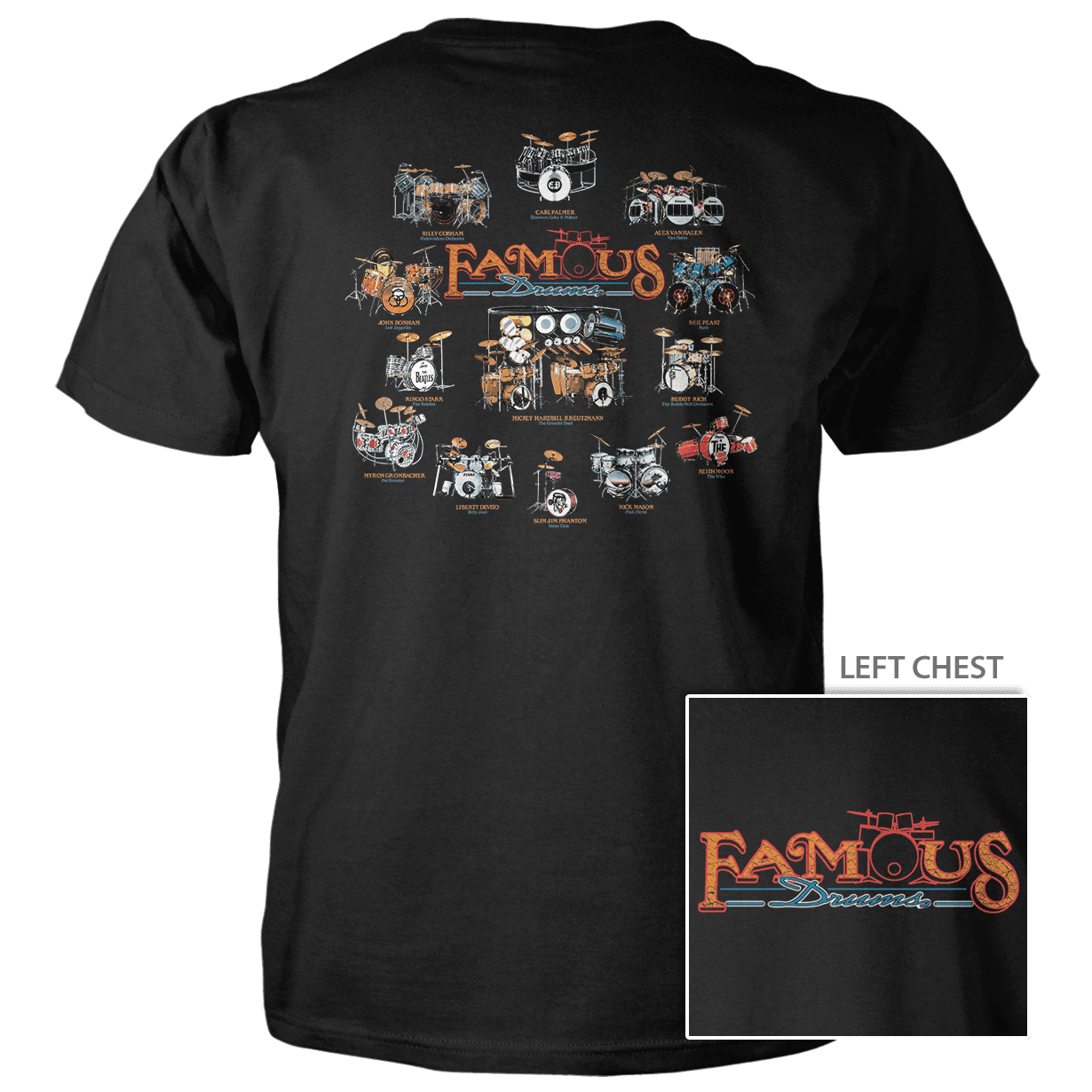 Black t-shirt with 'The Famous' graphic design on a white background