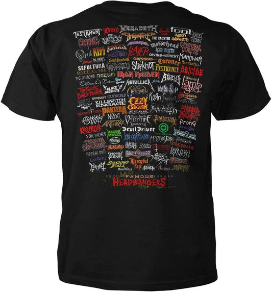Black tee shirt with a collage of famous heavy metal rock and roll bands scattered all over the back of the shirt. 