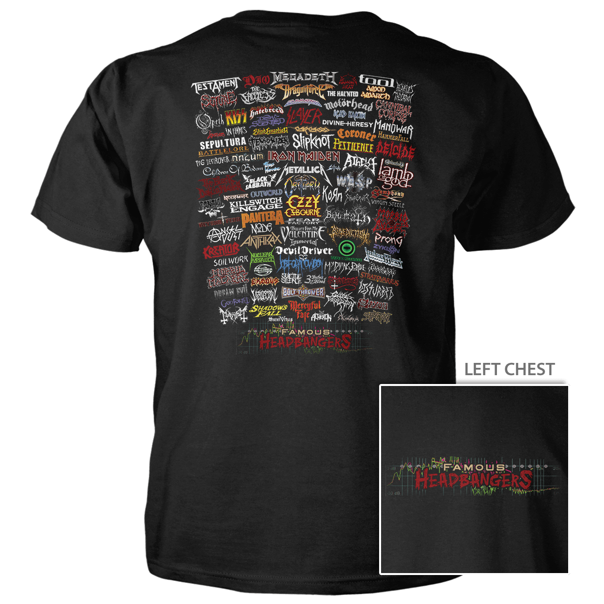 Black t-shirt with graphic design of band names on a white background