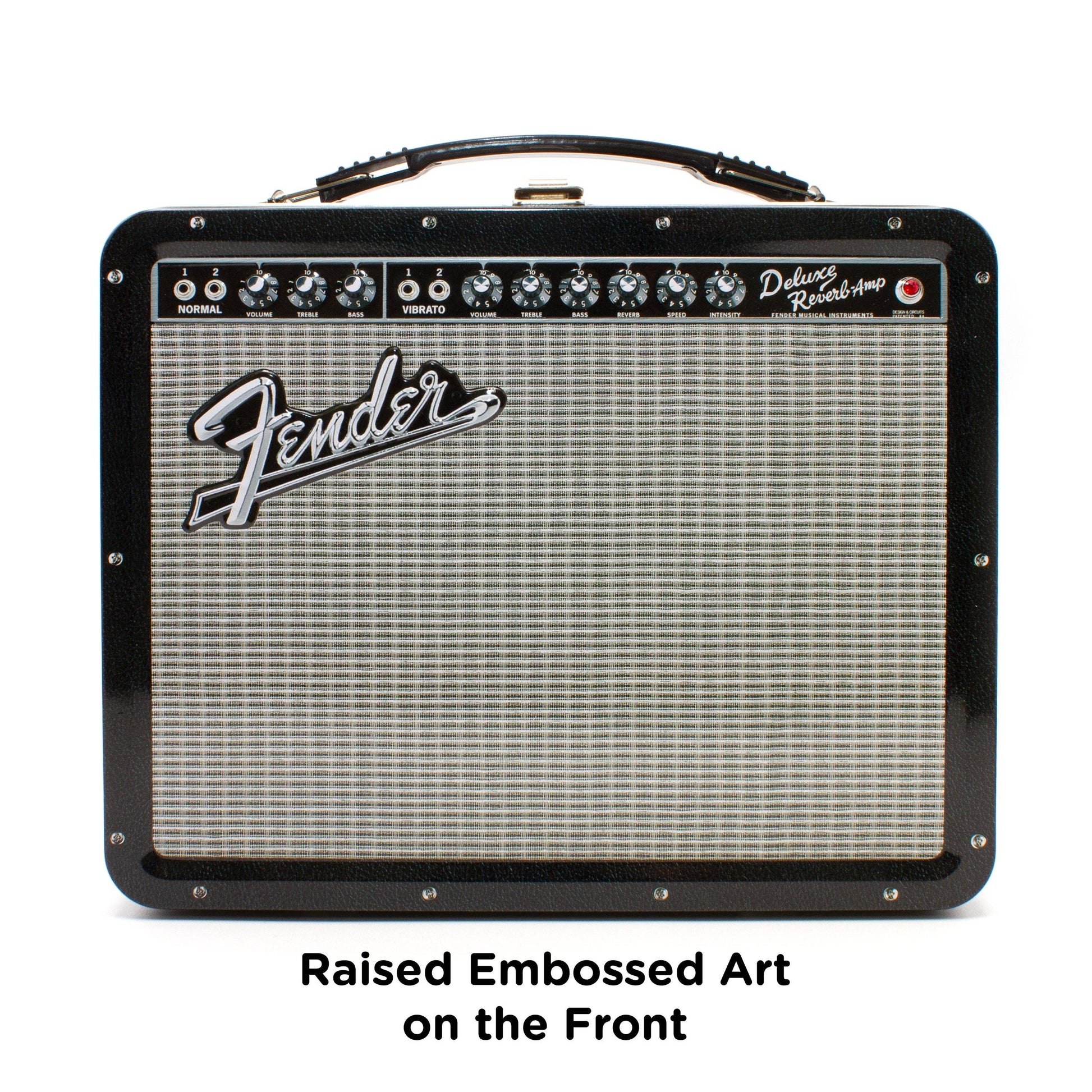 Fender guitar amplifier with raised embossed art on a white background