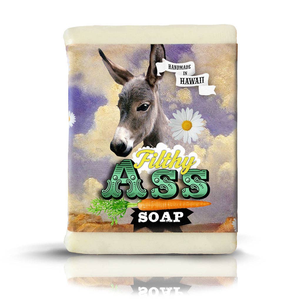 Bar of soap with a donkey graphic and text on the label against a white background