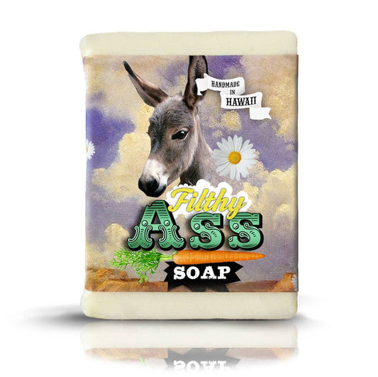 Bar of soap with a donkey graphic and text on the label against a white background