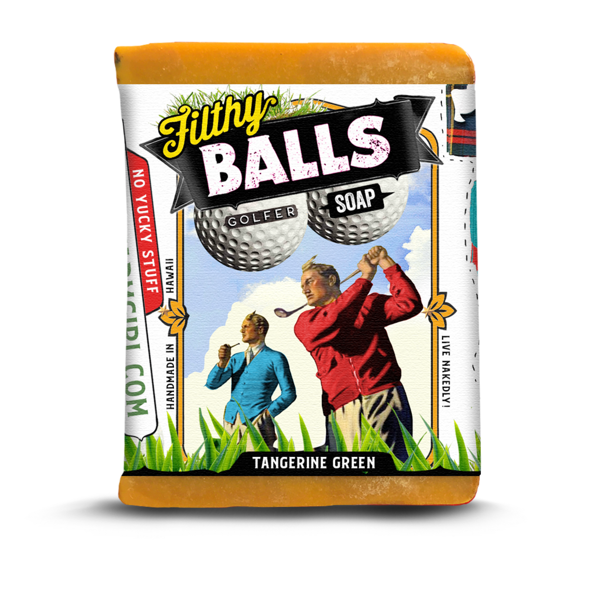 Soap bar with 'Filthy Balls' branding and golf-themed design on a white background
