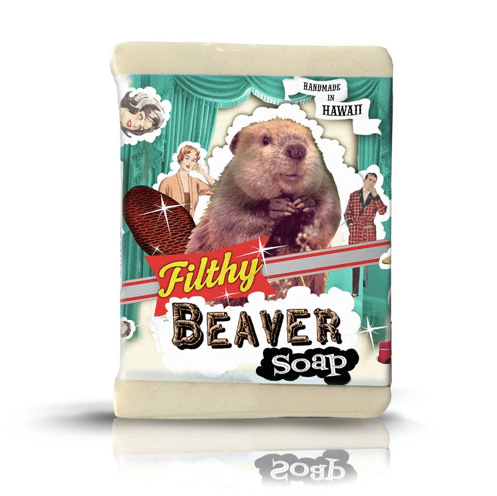 Bar of soap with a beaver graphic and 'Filthy Beaver Soap' text on a white background