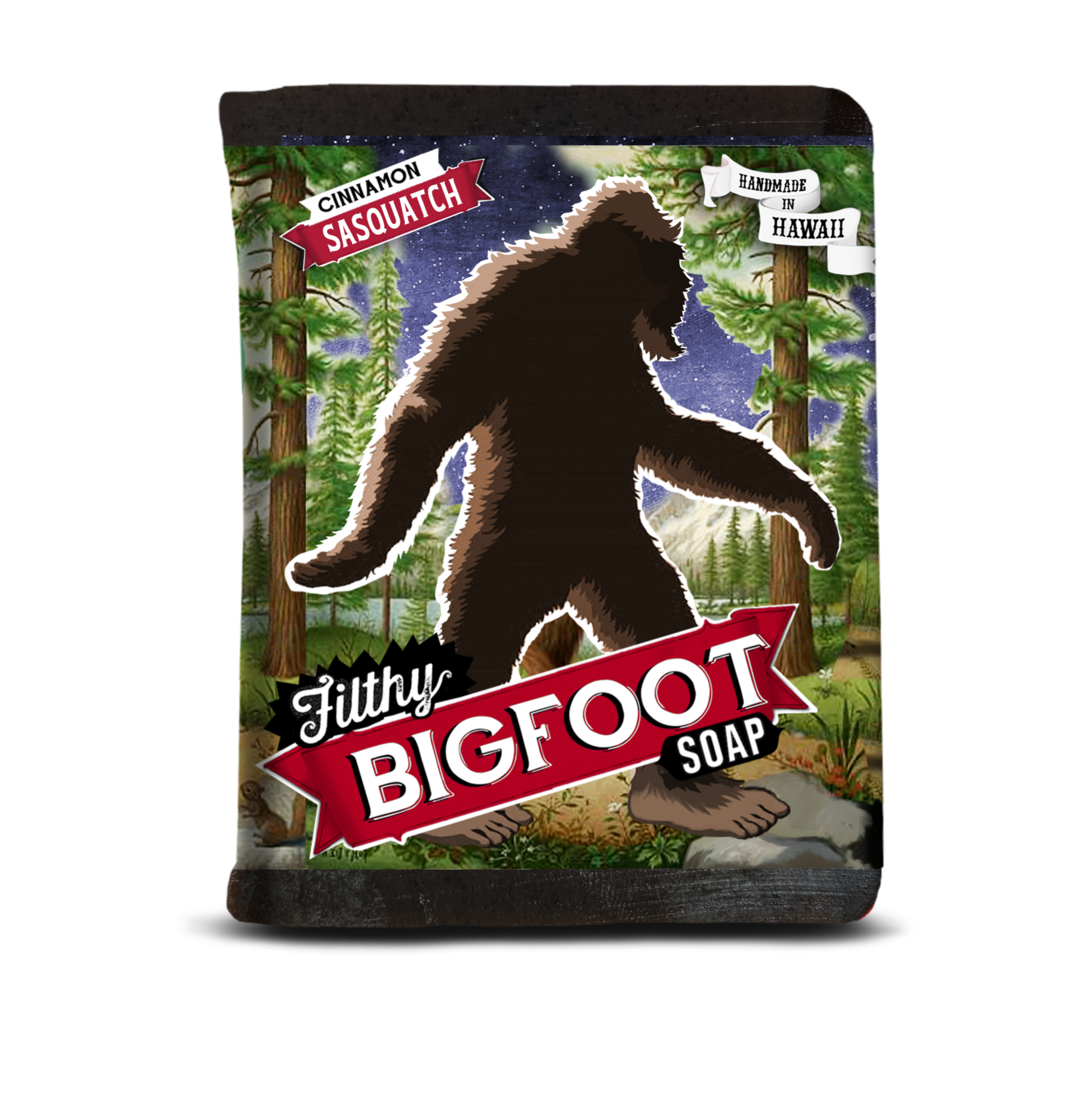 Bigfoot soap packaging with forest design and 'Filthy Bigfoot Soap' text.