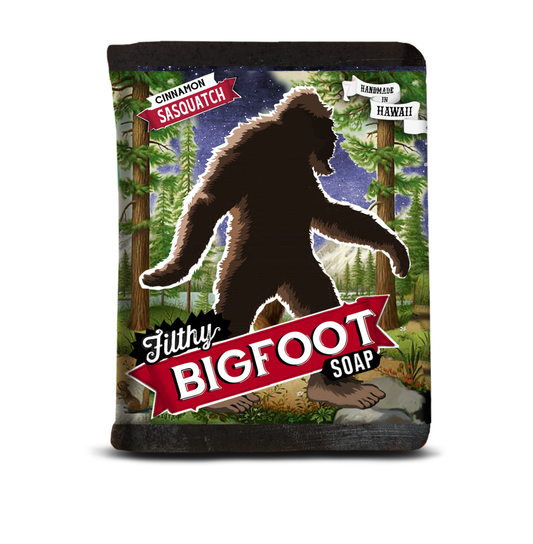 Bigfoot soap packaging with forest design and 'Filthy Bigfoot Soap' text.
