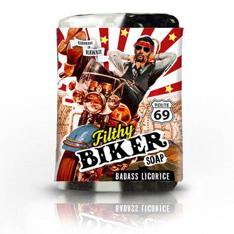 Soap bar with a biker design and text on the packaging