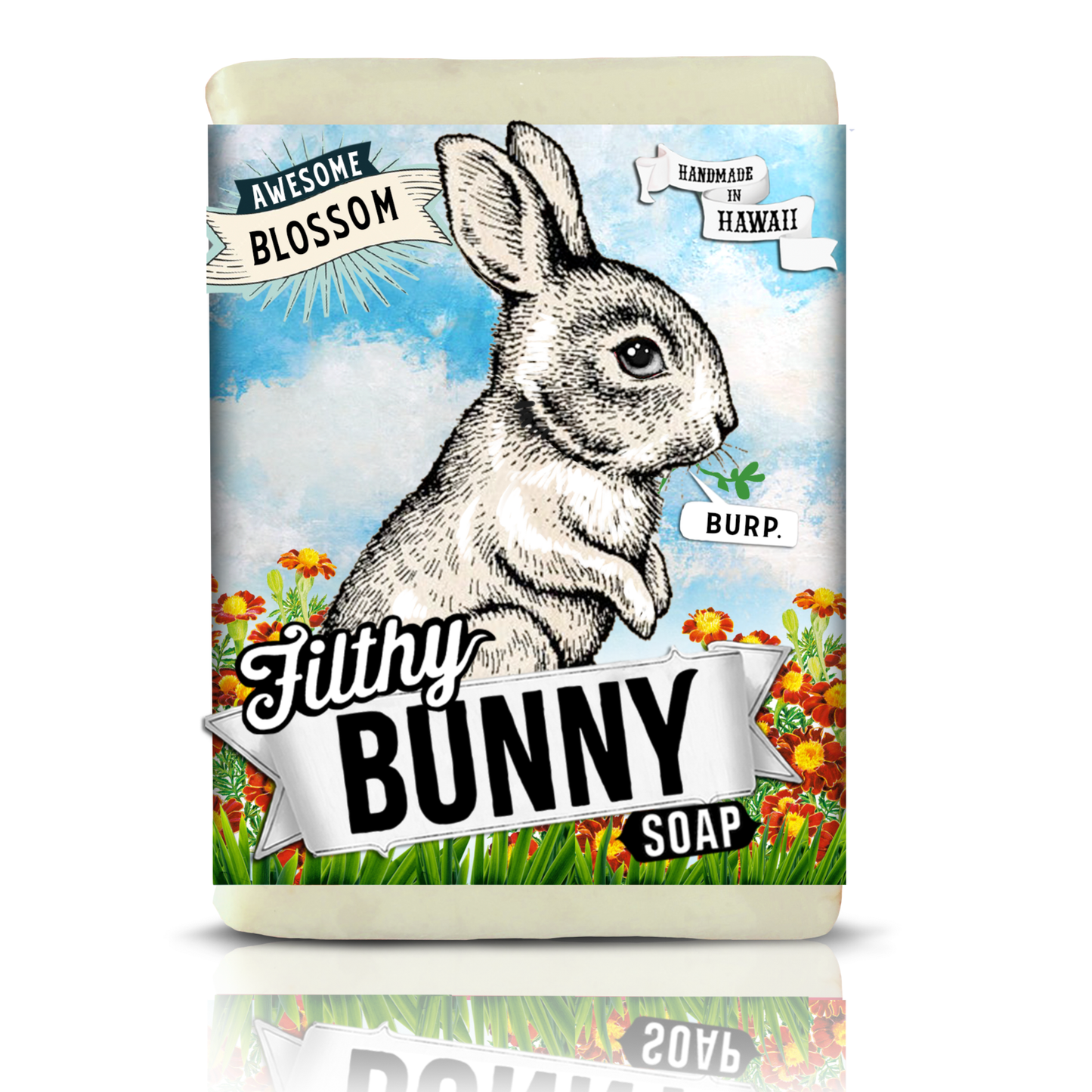 Bar of soap with a bunny design and 'Filthy Bunny' branding on a white background