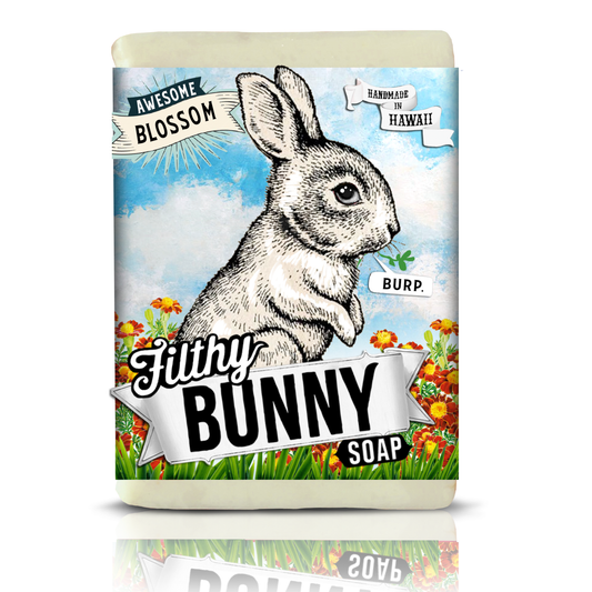 Bar of soap with a bunny design and 'Filthy Bunny' branding on a white background