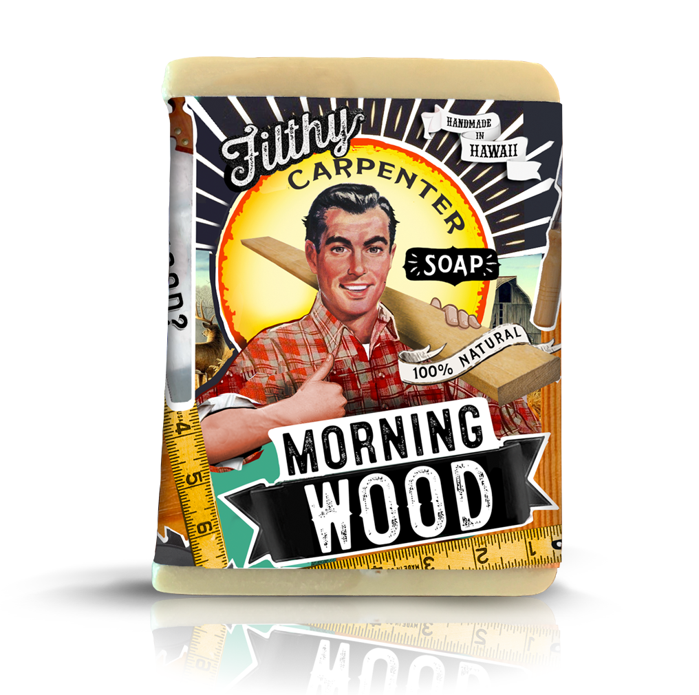 Soap packaging with vintage-style design and humorous text on a white background