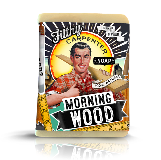 Soap packaging with vintage-style design and humorous text on a white background