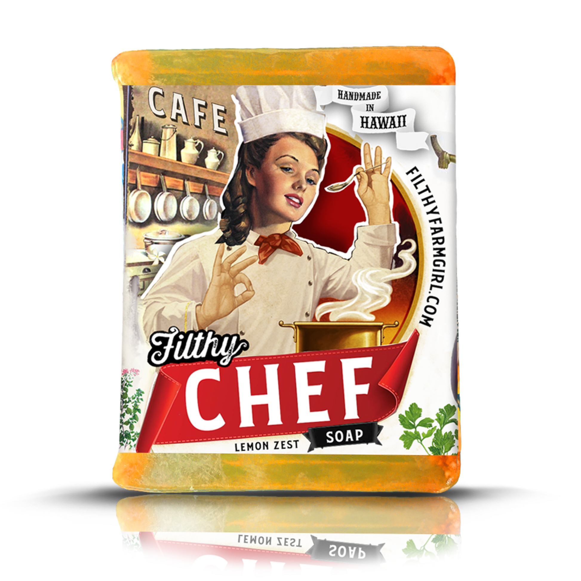 Soap packaging with a vintage-style illustration of a chef and text 'Filthy Chef' on a white background.