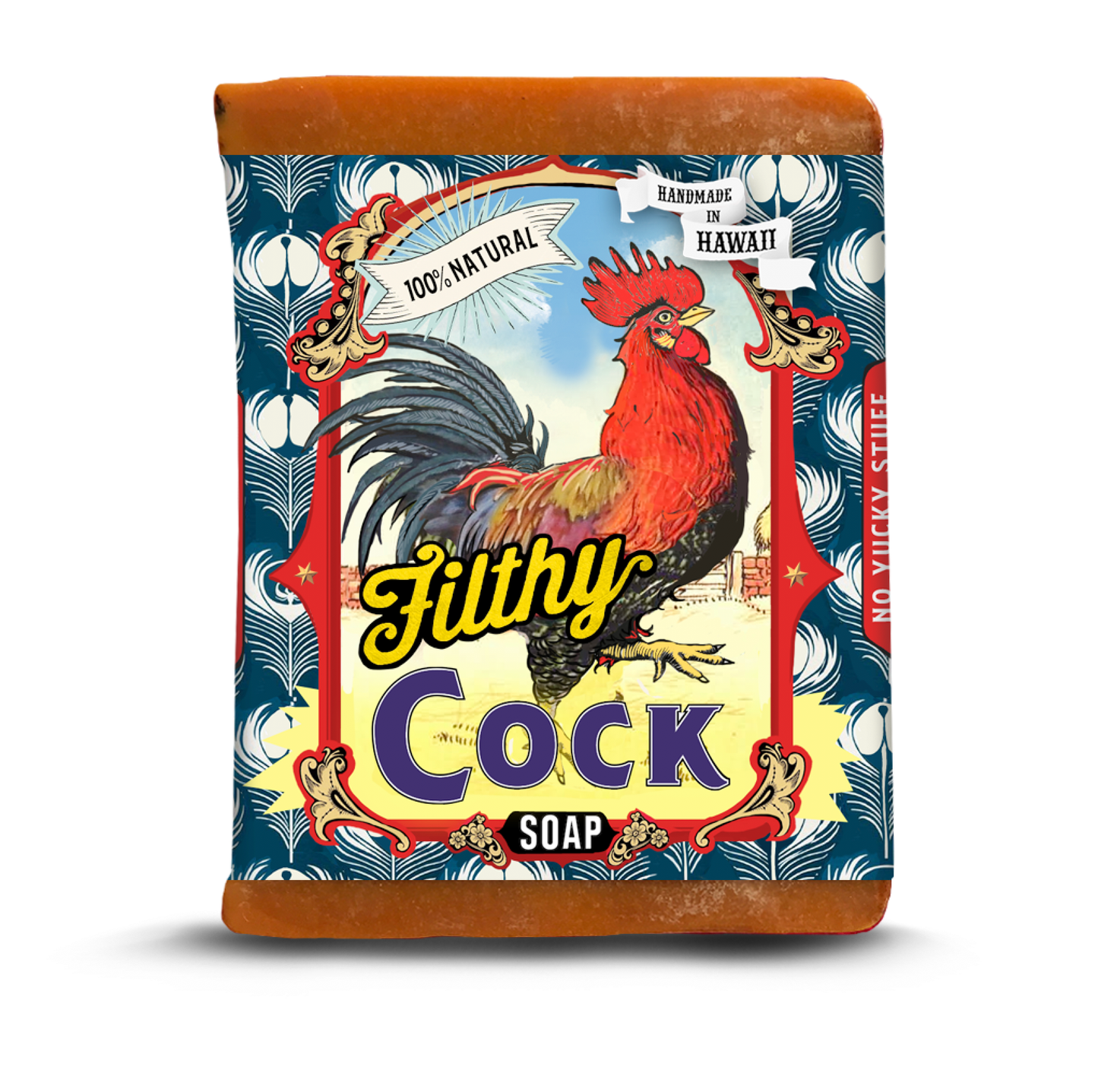 Soap bar with a colorful label featuring a rooster and text on a white background