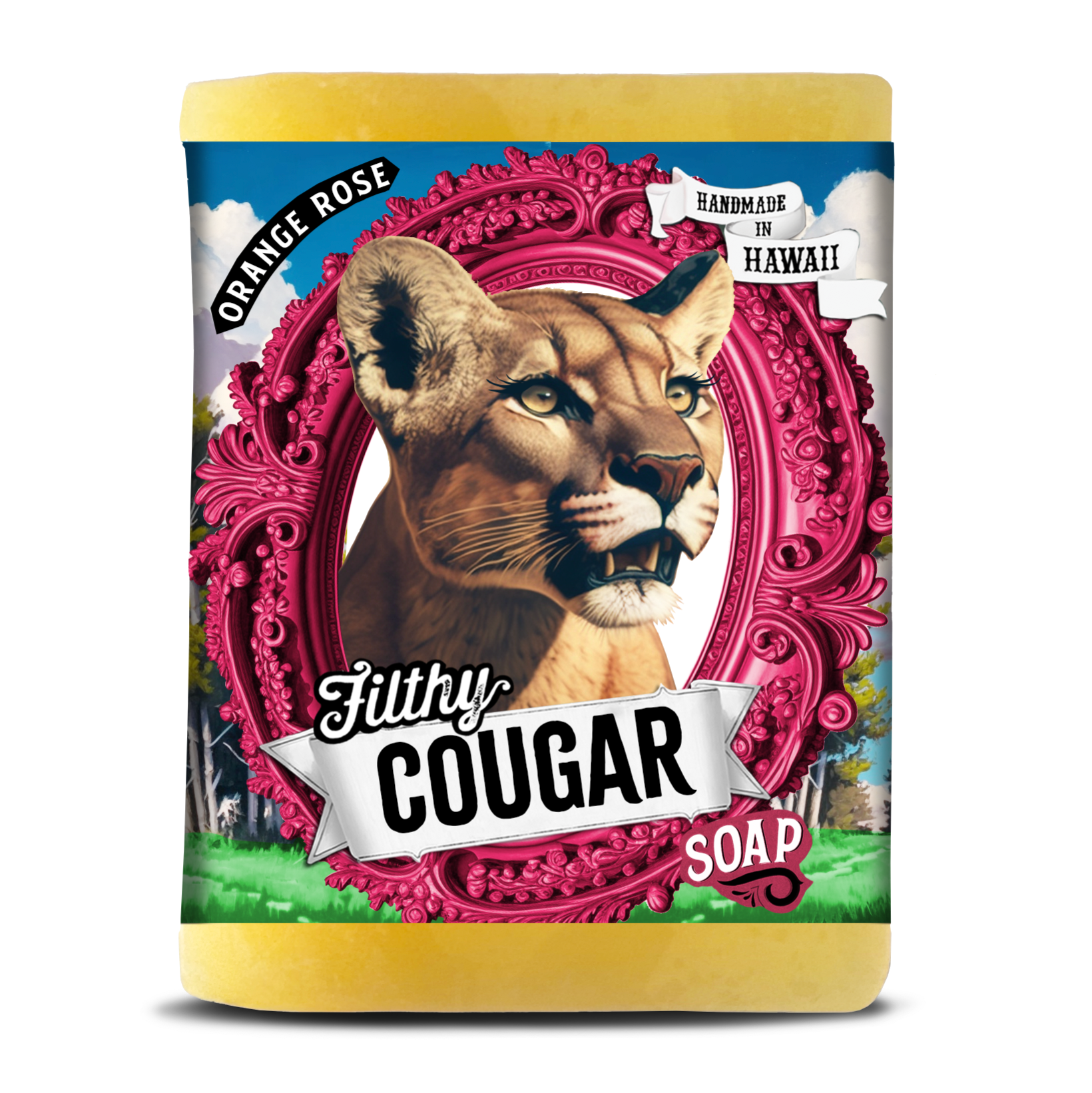 Soap packaging with a cougar design and text on a white background