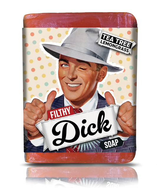 Soap bar with a vintage-style packaging featuring a man's face and 'Filthy Dick' branding.
