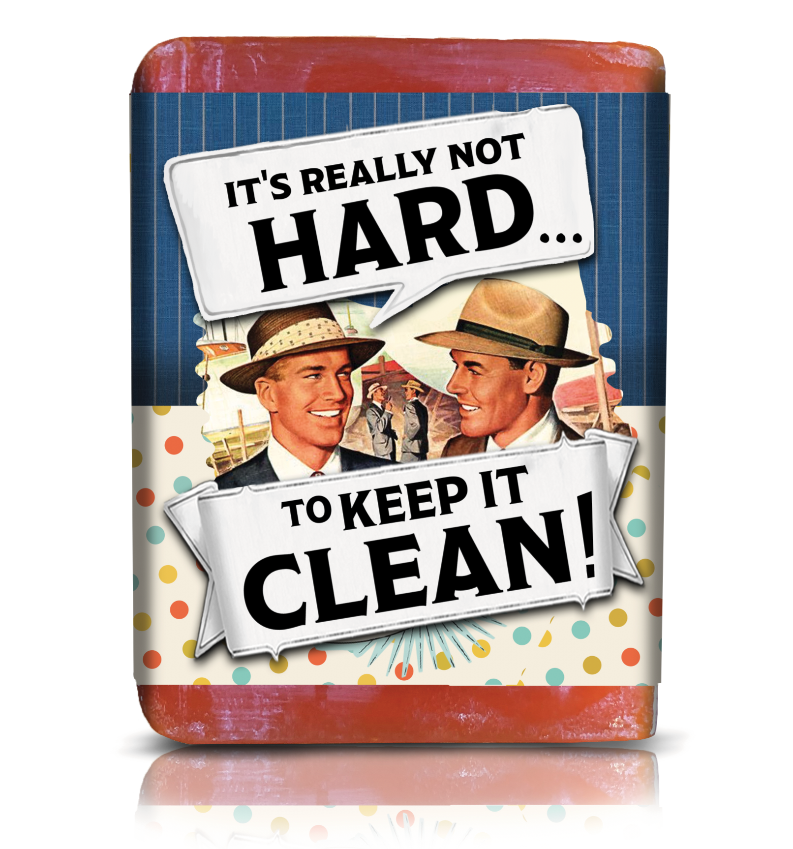 Product packaging with vintage-style design featuring two men and text about cleanliness.