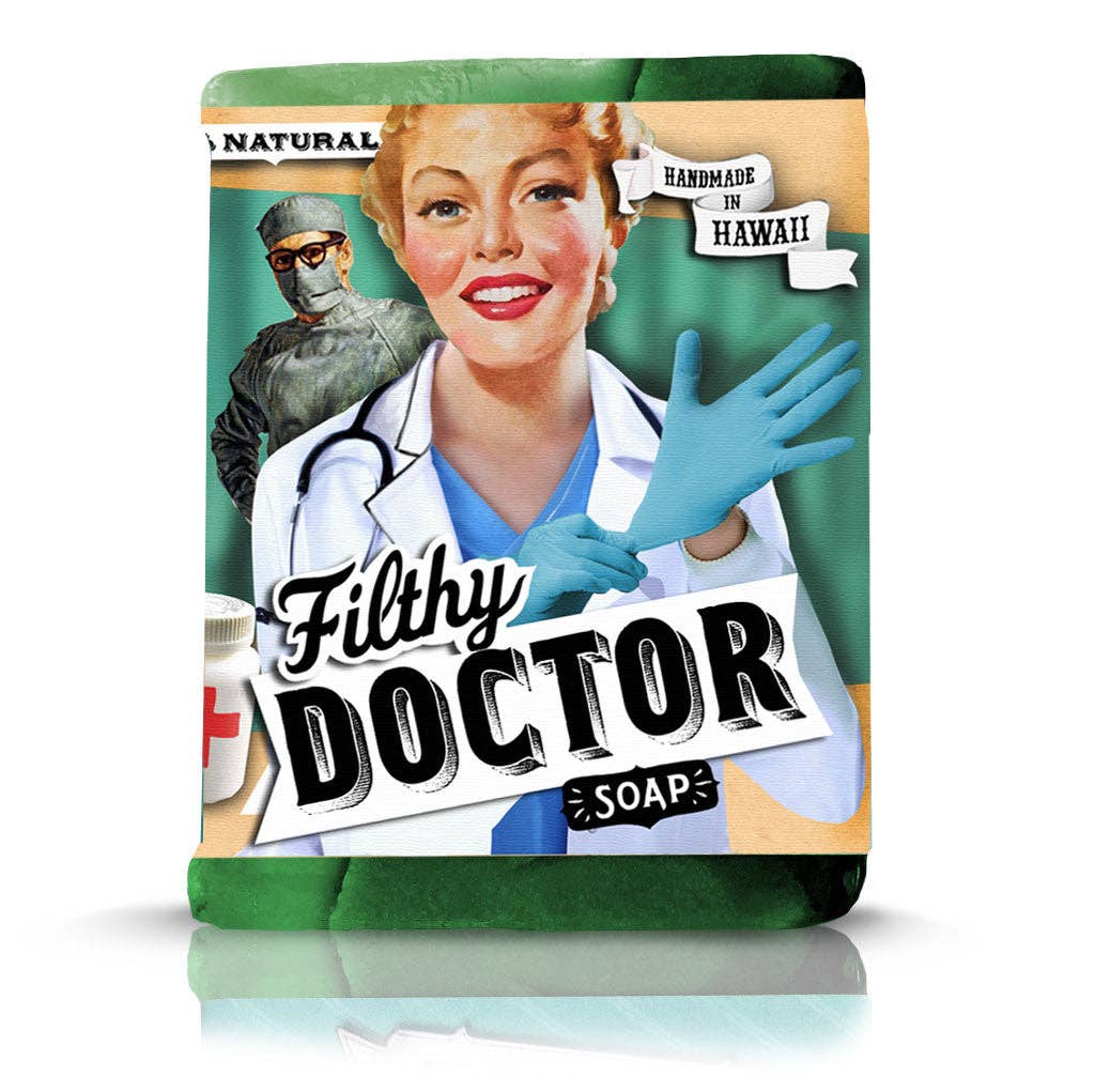 Soap packaging with a retro-style illustration of a woman in a lab coat and gloves, labeled 'Filthy Doctor Soap'.