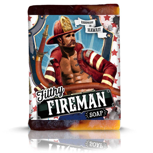 Soap packaging with a firefighter design and text 'Filthy Fireman Soap' on a white background.
