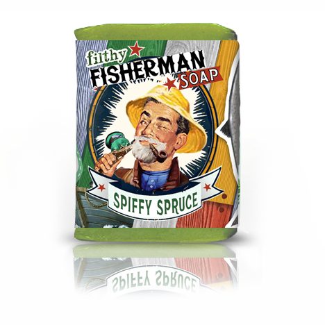 Bar of soap packaging with a vintage-style illustration of a fisherman and text 'filthy FISHERMAN SOAP Spiffy Spruce'.