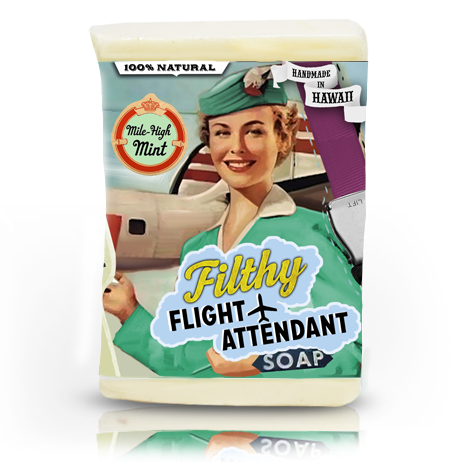 Soap bar with a vintage flight attendant design on the packaging