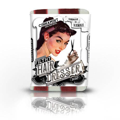 Bar of soap with a vintage-style label featuring a woman and text on a white background