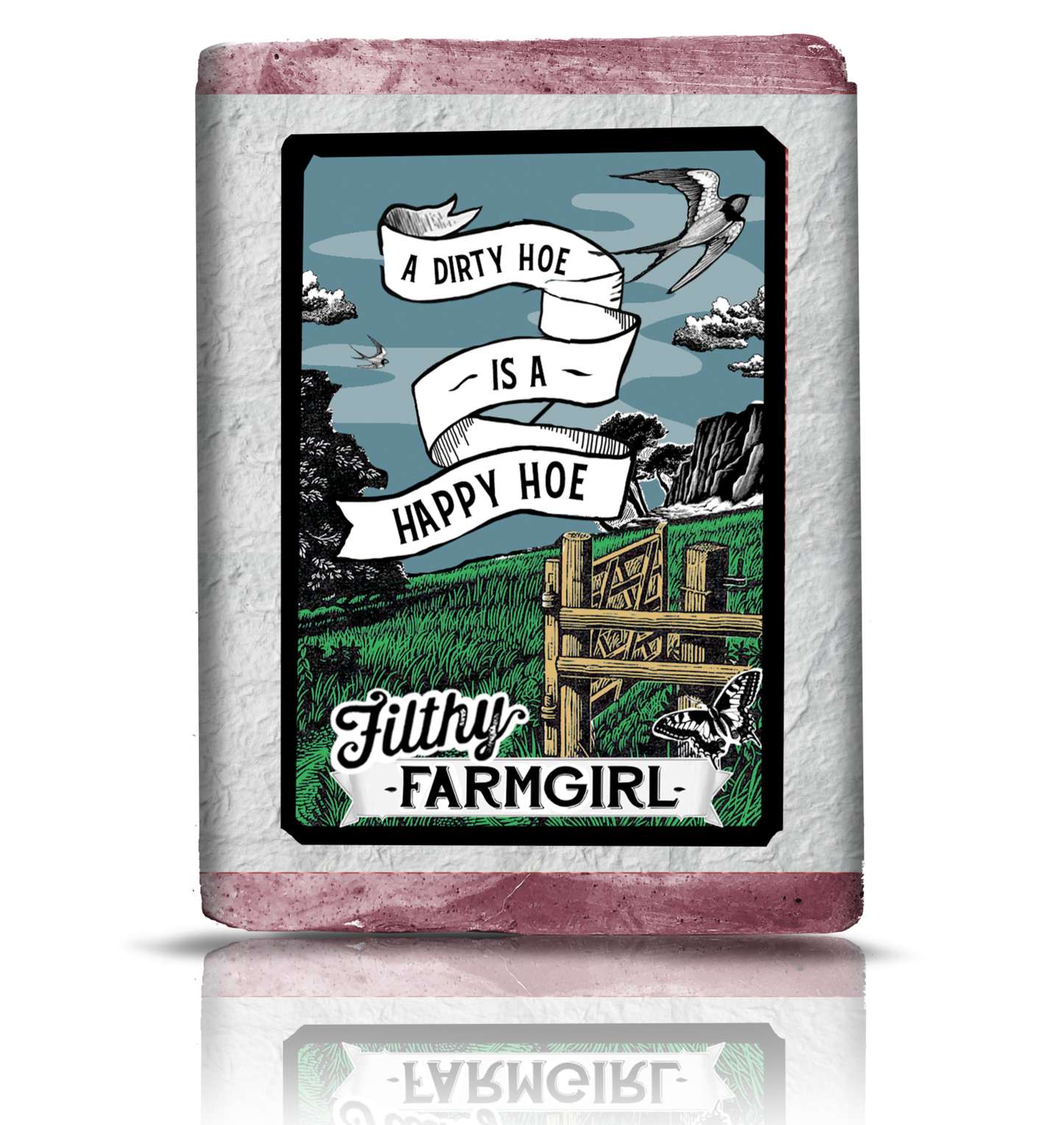 Soap bar with a graphic design and text on a white background