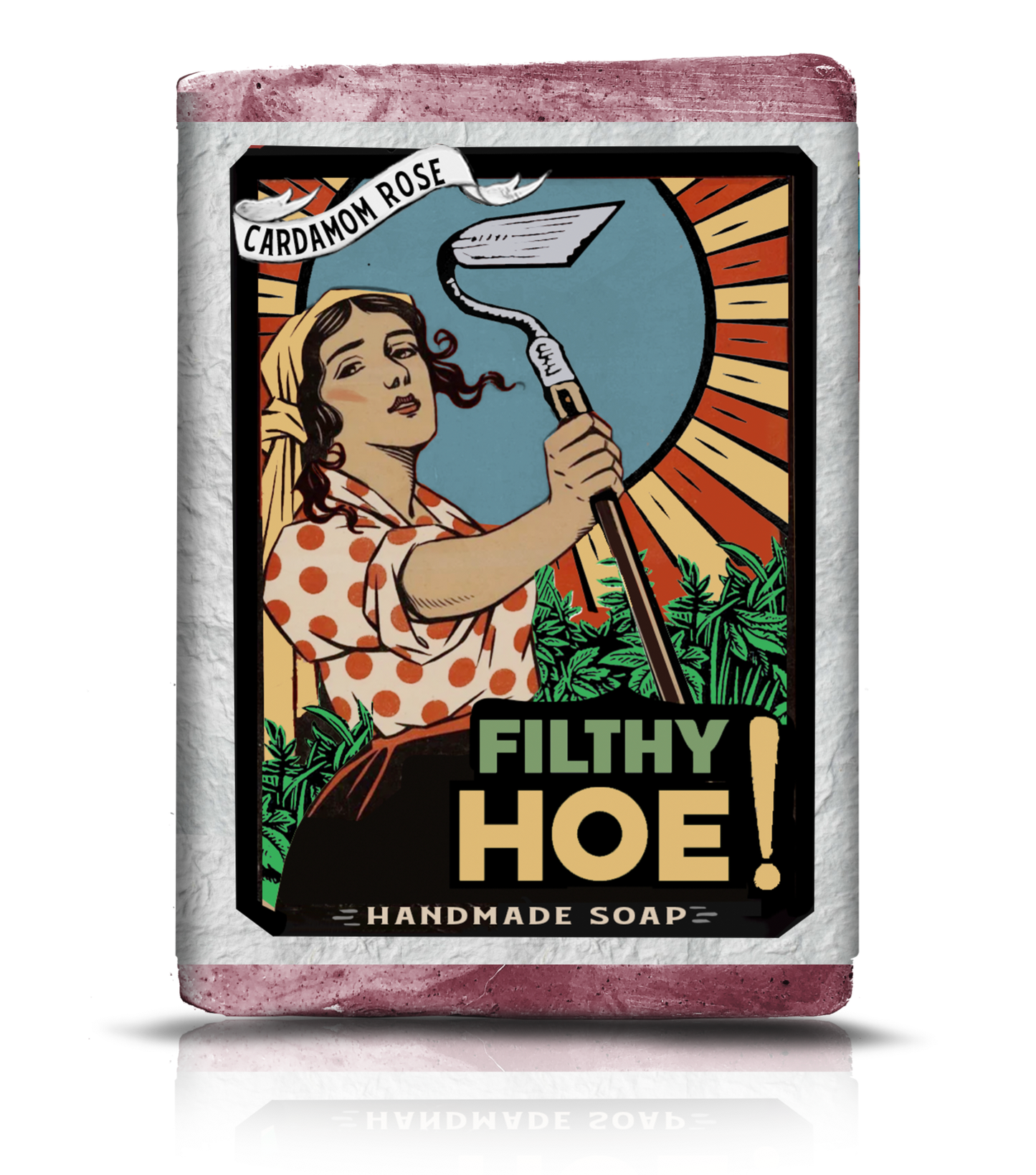 Bar of soap with a graphic design featuring a woman holding a hoe and text on a white background.