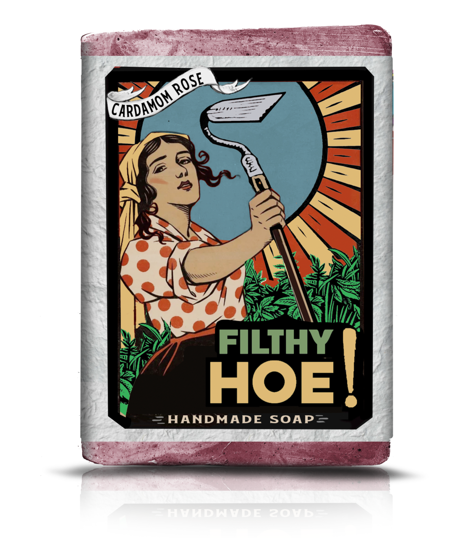 Bar of soap with a graphic design featuring a woman holding a hoe and text on a white background.