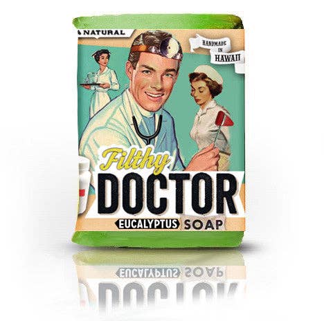Soap bar with vintage-style packaging featuring a doctor and nurse illustration on a white background.