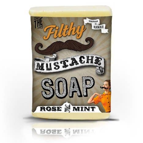 Bar of soap with 'Filthy Mustache Soap' packaging featuring a mustache design.