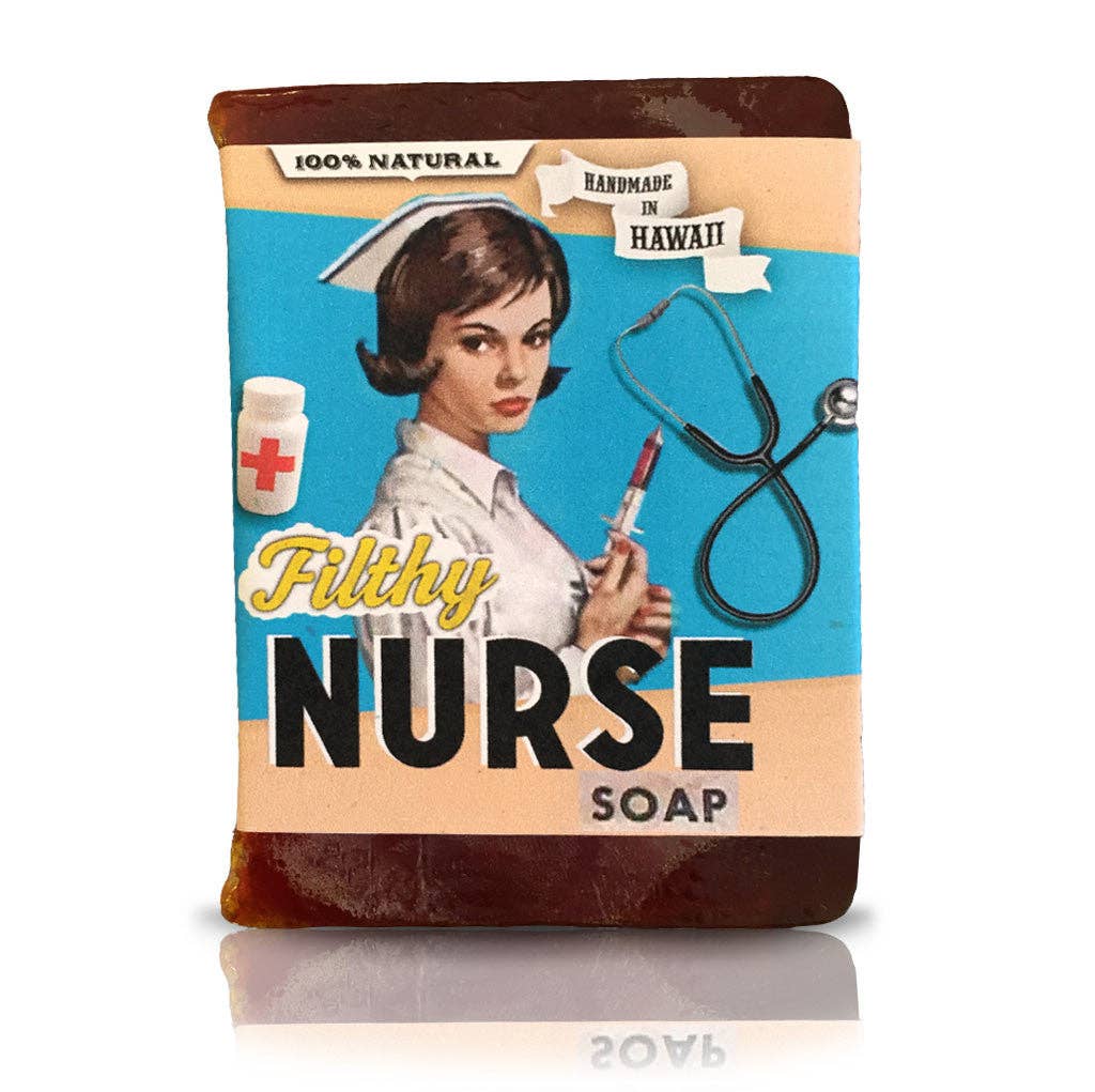 Soap packaging with a nurse illustration and text on a white background