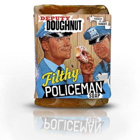 Soap bar with a humorous design of two police officers sharing a donut, labeled 'Filthy Policeman Soap'.