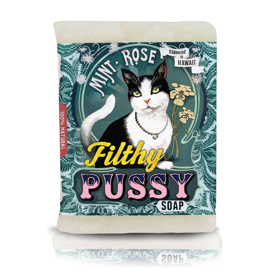 Soap bar with a cat illustration and text on the packaging