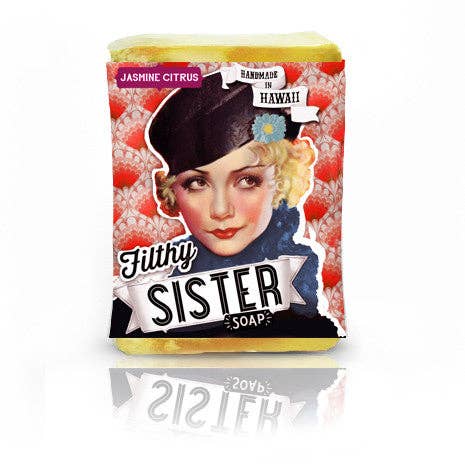 Soap bar with 'Filthy Sister' branding and a vintage-style packaging design.