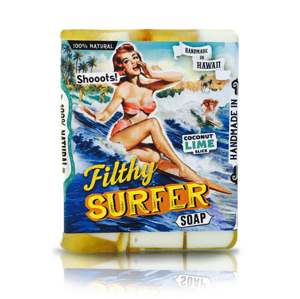 Soap bar with a colorful label featuring a vintage-style surfer design on a white background.
