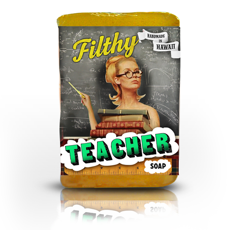 Soap bar with a design of a teacher and text 'Filthy Teacher Soap' on a white background