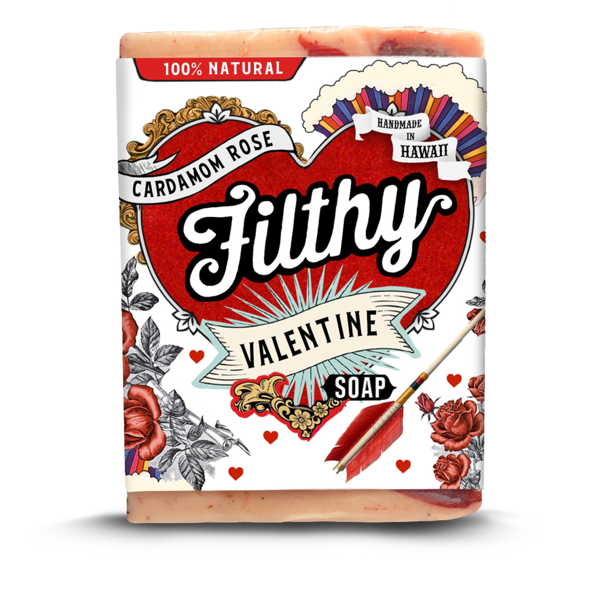 Soap bar with 'Filthy Valentine' packaging featuring floral designs and text.