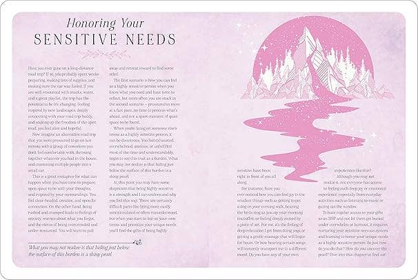 Magazine page with text and a pink silhouette of a mountain and river on a light purple background