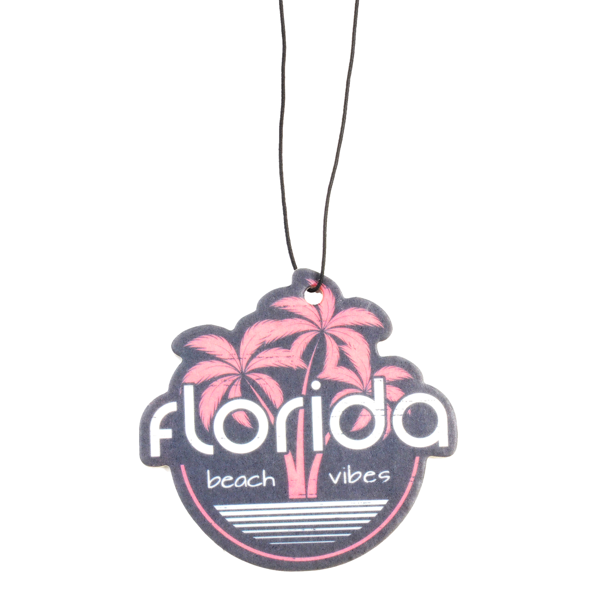 Air freshener with pink palm trees and 'Florida beach vibes' text on a white background