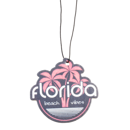 Air freshener with pink palm trees and 'Florida beach vibes' text on a white background