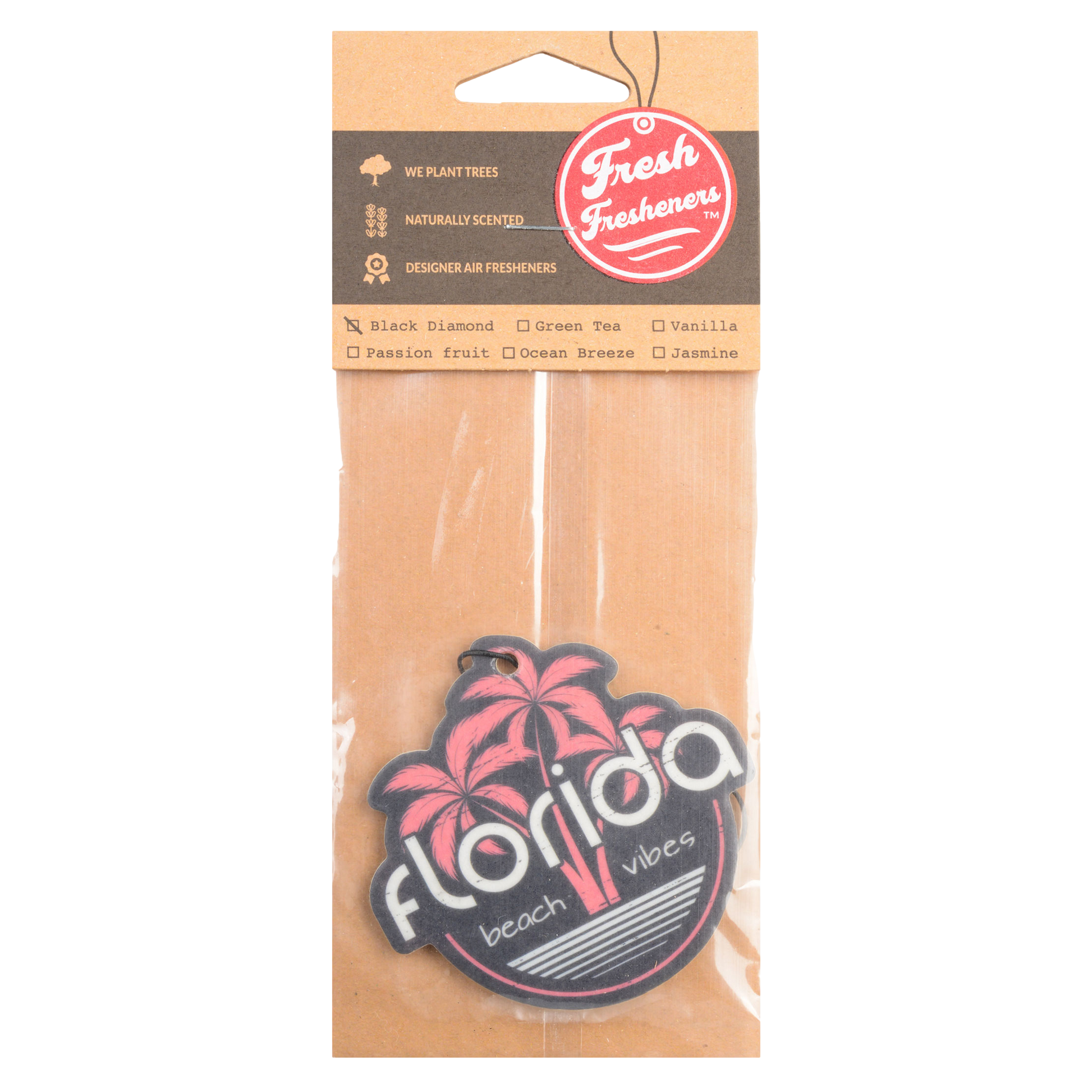 Package of Fresh Fresheners with 'Florida beach vibes' design on a white background