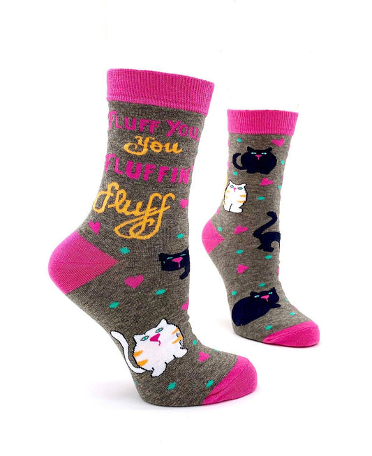 Cat-themed socks with pink and gray design on a white background