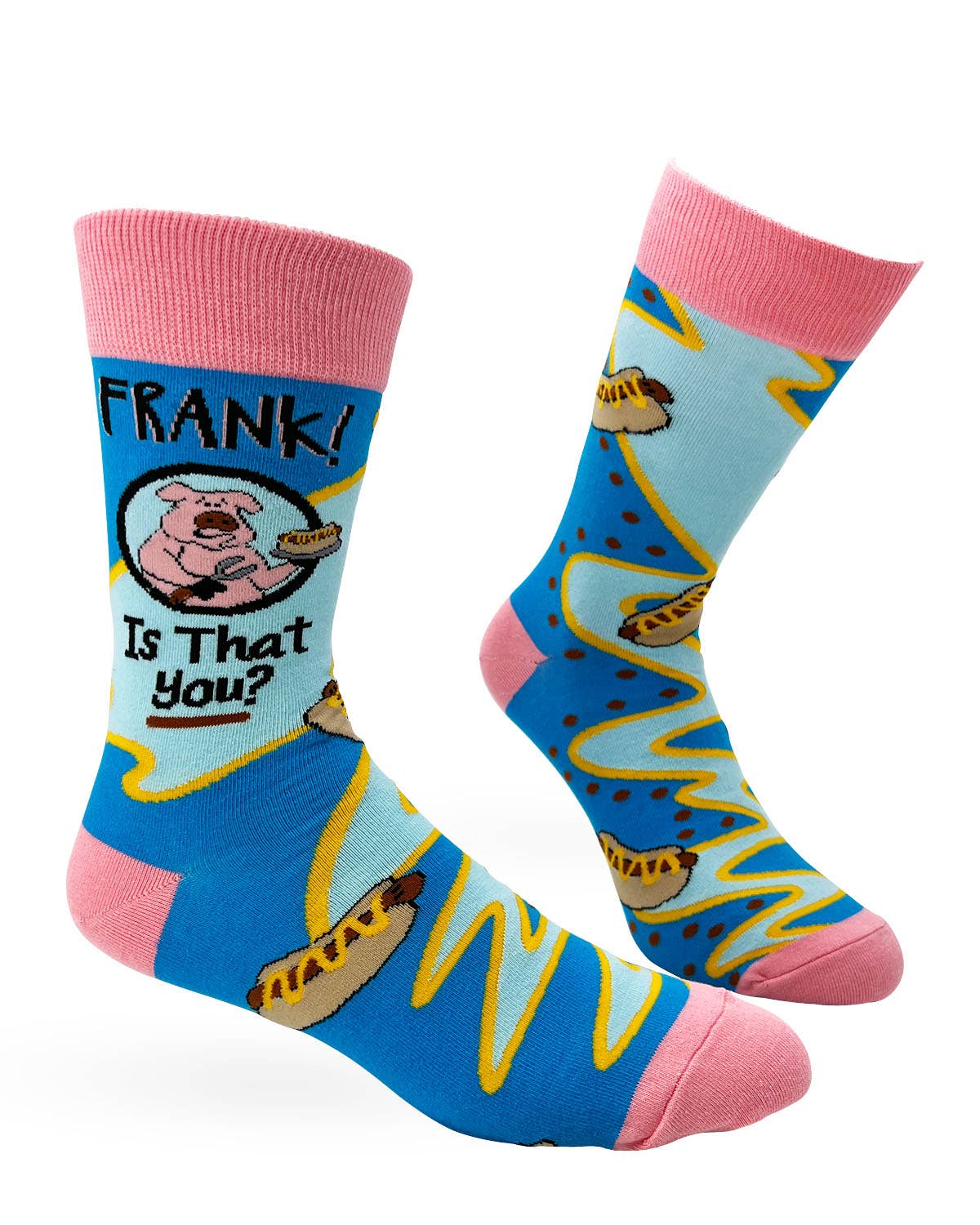 Colorful socks with cartoon design and text on a white background