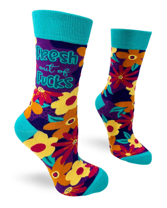 Colorful socks with floral patterns and text on a white background