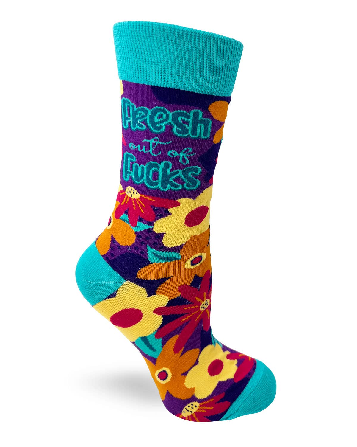 Colorful sock with floral design and text on a white background